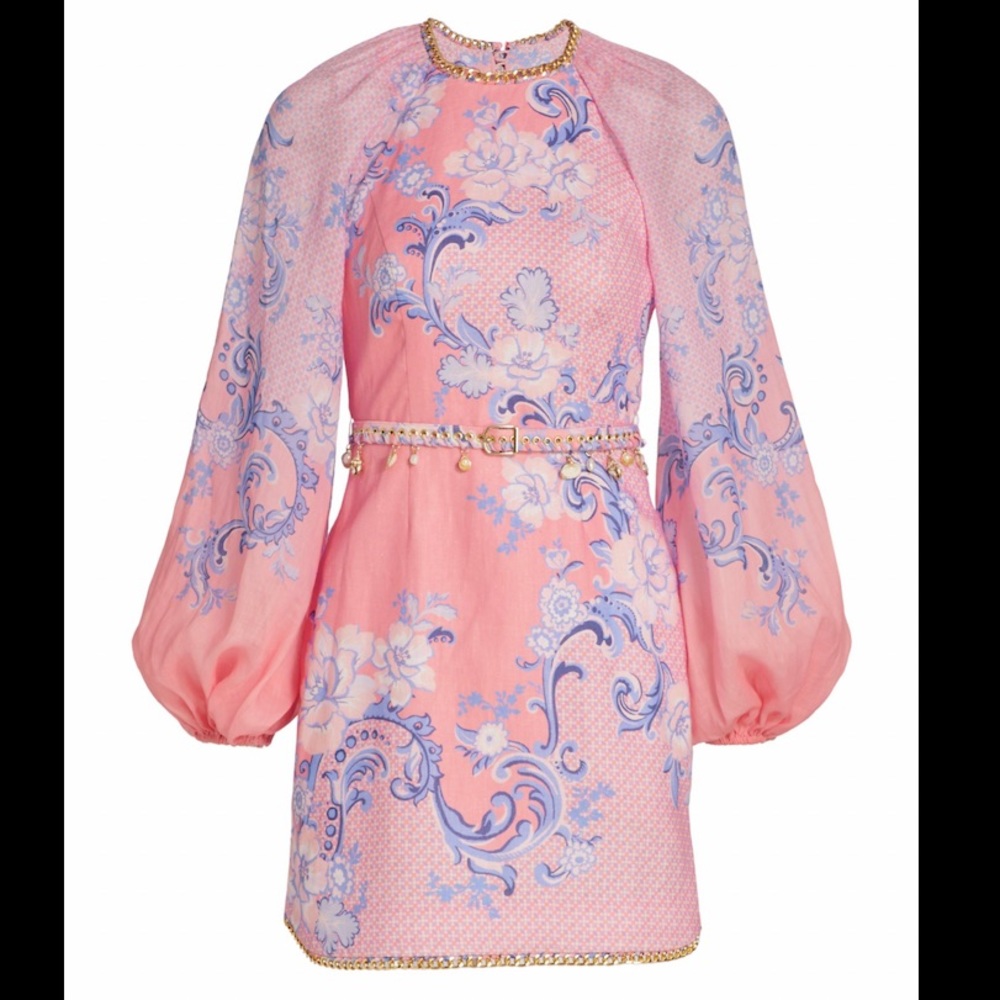 NWT Zimmermann Linen Puff-Sleeve Minidress Swirl Floral in Coral size 3 (8-10)